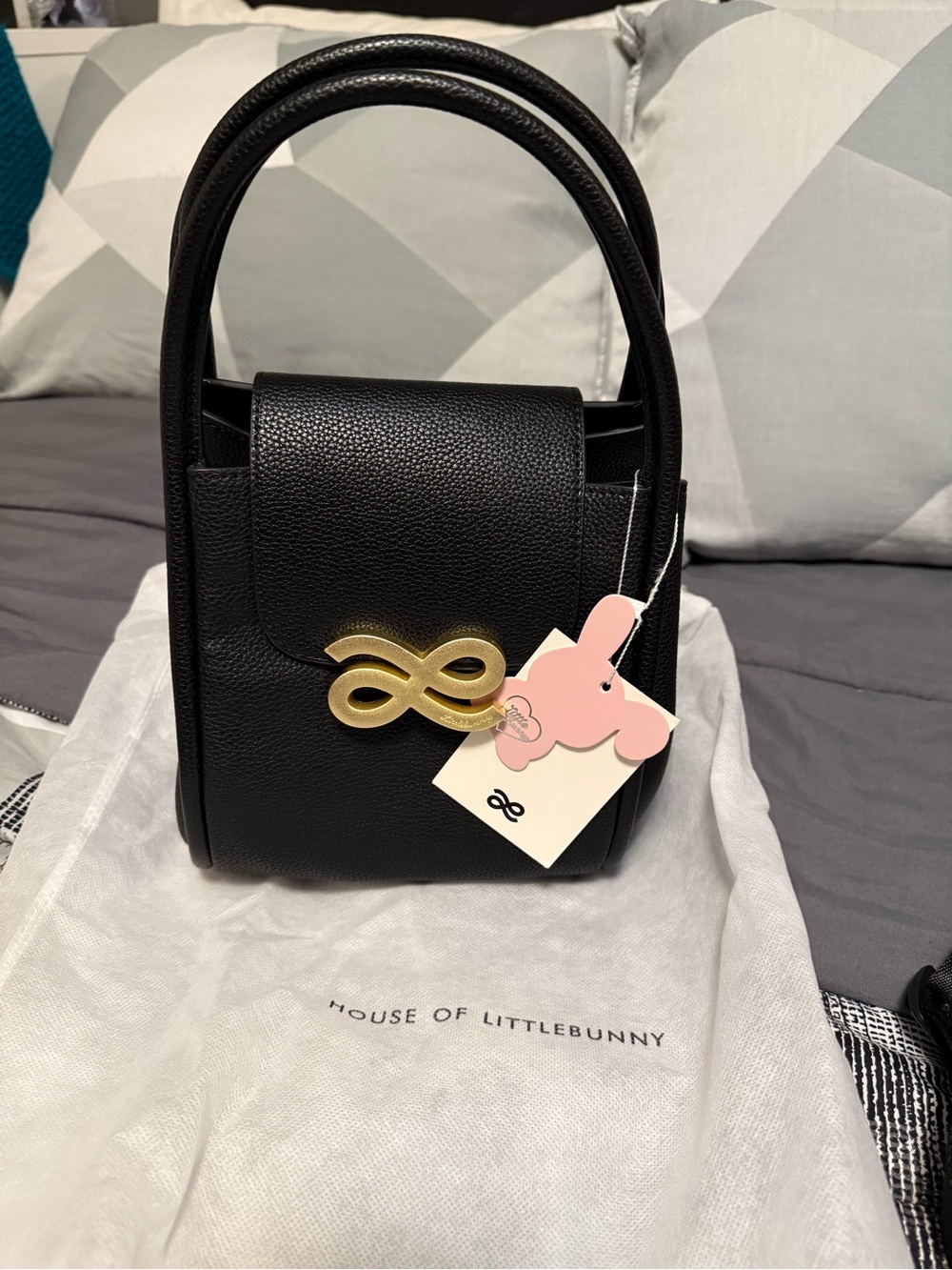 House of Littlebunny Black Mini Leather Top-Handle Bag with Gold Accent